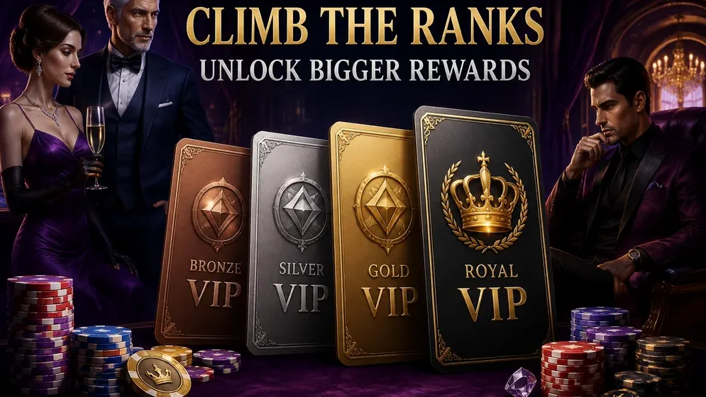 VIP tier cards stacked from bronze to gold crown